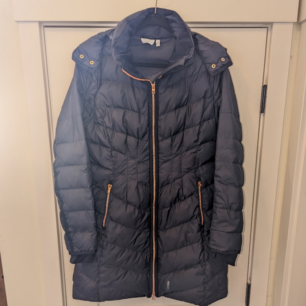 Athleta Goose Down Parka, Navy with Rose Gold - Size Medium